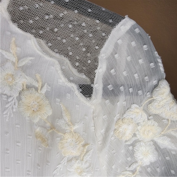 ZARA Short Sleeve Swiss Dot Sheer Tulle Blouse with Embroidered Flowers Medium - Picture 7 of 8